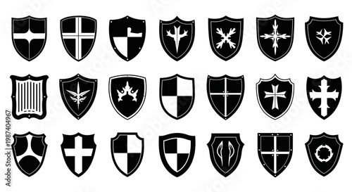 Collection of 20 heraldic shields with various symbolic crests and coats of arms on white background