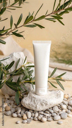 Natural skincare product tube with olive branches and stones
