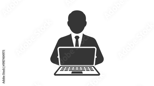 A minimalist flat vector icon of a professional person working on a laptop.