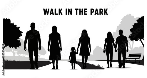 Family silhouettes walking in a park during daytime with trees and a bench