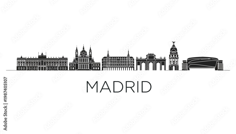 Obraz premium Madrid city skyline vector illustration with famous landmarks and buildings
