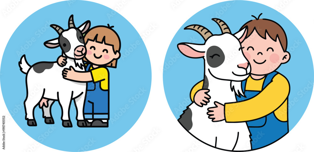 Fototapeta premium Children Hugging Goats Circular Icon Set - Boy Girl Embracing Farm Animals Cute Cartoon Blue Background Vector Illustration