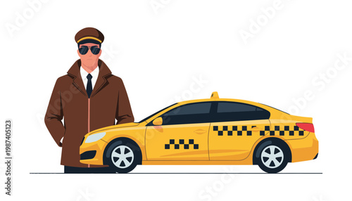 A taxi driver standing next to a yellow taxi cab illustration