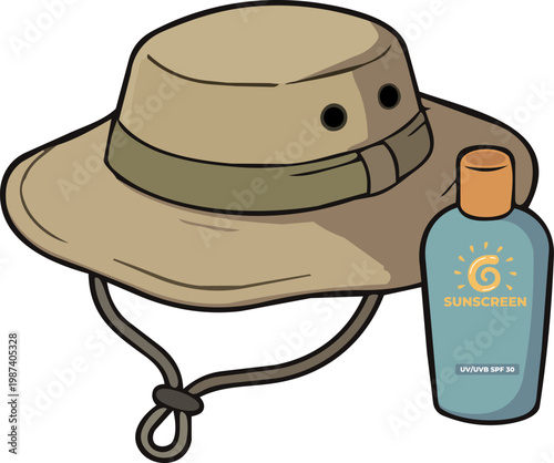 Safari Sun Hat With Sunscreen Bottle Vector