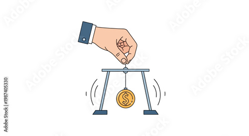 Hand holding coin on seesaw balance.