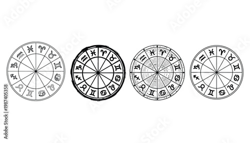 Zodiac wheel vector icons set with astrology symbols and signs