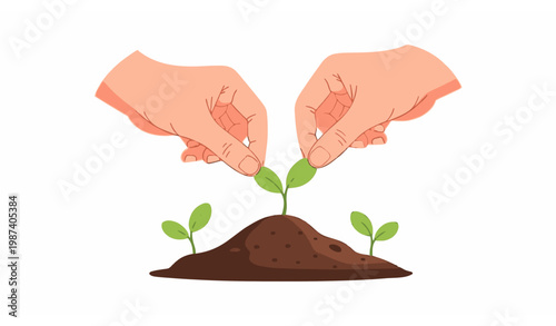 Hands planting seedling in soil vector eco growth care and environmental concept illustration