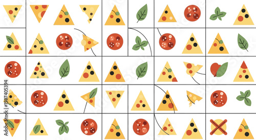 A colorful illustration of various pizza slices and toppings.
