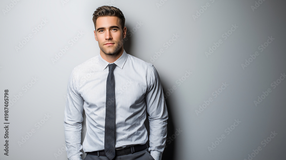 Fototapeta premium Young Professional Businessman Portrait in Shirt and Tie on Gray Background