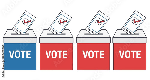 Four ballot boxes with ballots being cast during an election concept
