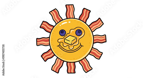 Cartoon pancake sun with bacon rays and smiling face on white background