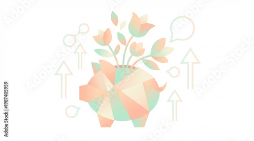 Colorful geometric piggy bank with flowers.