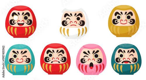 Colorful Daruma dolls on white background.
