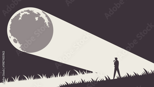 Man Looking at Moonlight Night Landscape Minimal Silhouette Vector Illustration