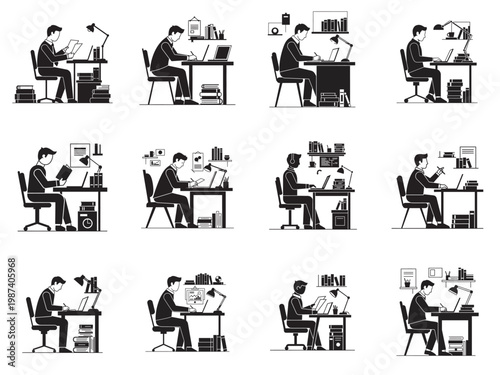 flat design office workers in various work scenarios vector illustration