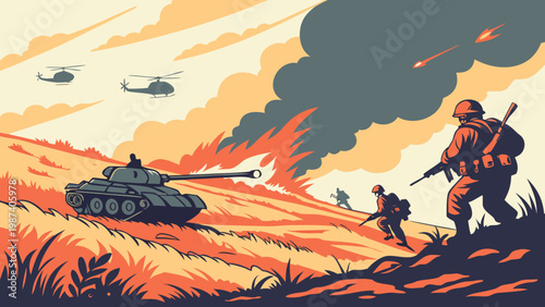 Military Battle Scene Soldiers and Tank Combat Illustration War Landscape Vector Art