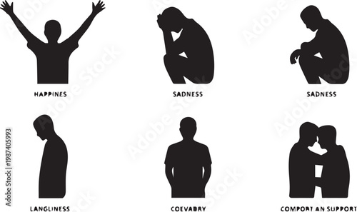 Black silhouette of human emotions happiness sadness loneliness celebration comfort support