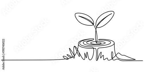 Minimalist single line art illustration of a new sprout emerging from a cut tree stump