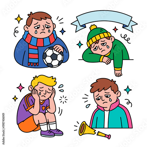 Sad cartoon soccer fans with a football and broken horn