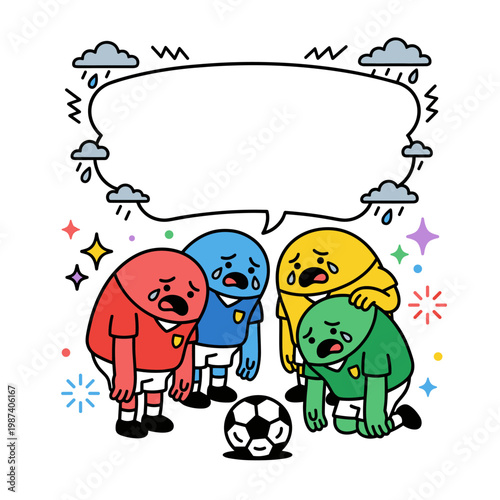 Cartoon soccer fans devastated after loss with speech bubble