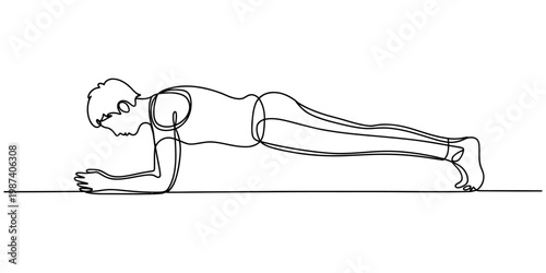Continuous line drawing of a man performing a plank exercise for core strength and fitness