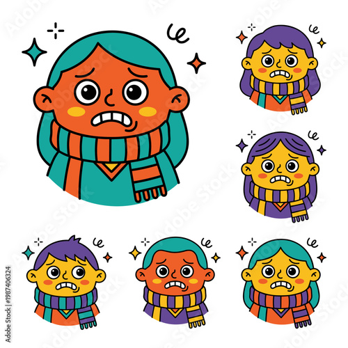 Set of diverse cartoon soccer fans biting lips in nervousness