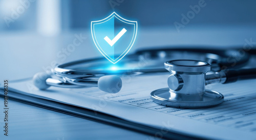 Health insurance and medical coverage concept with stethoscope, clipboard, and protection shield icon. Represents healthcare benefits, patient care, medical assurance, wellness planning