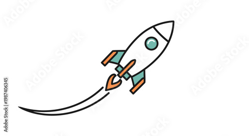 Cartoon rocket ship launching into space against a white background