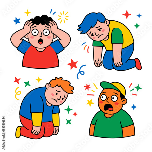 Four cartoon soccer fans show shock and disappointment