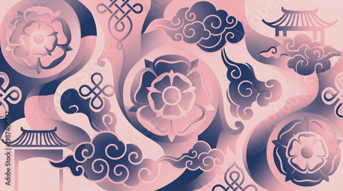 Pink and blue floral design elements.