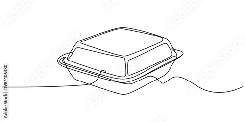 Continuous line drawing of a closed foam food container for takeout and delivery services.