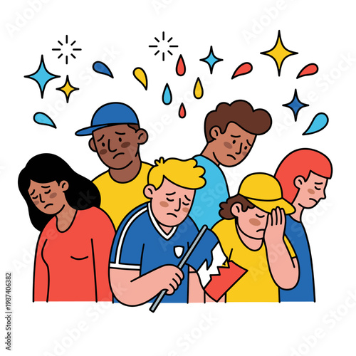 Disappointed cartoon soccer fans in colorful jerseys looking down
