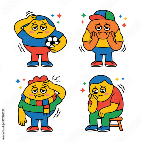 Four cartoon soccer fans showing disappointment and frustration
