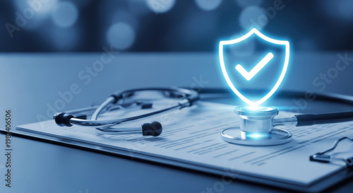 Stethoscope on medical document with digital shield icon, symbolizing health insurance coverage, medical policy and patient protection in modern healthcare system and clinical services.