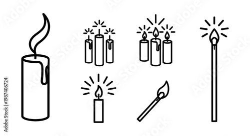 Black line art illustrations of various lighted candles and matches on white background