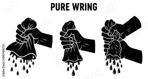 Hand wringing wet cloth with dripping water in three stages for cleaning concept