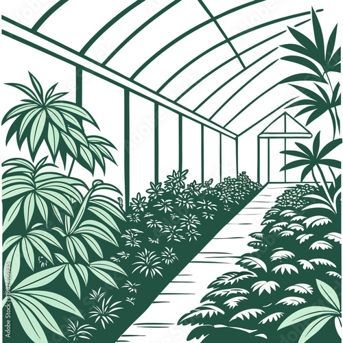 Dark green and light green plants in a greenhouse tropical