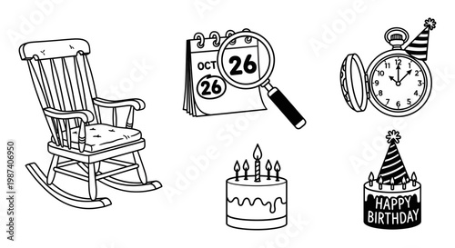 Birthday celebration icons with cake, clock, calendar, and rocking chair on white background