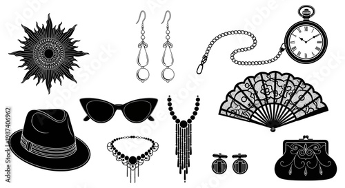 Vintage fashion accessories, jewelry, and timepiece illustrations