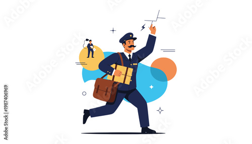 A postal worker runs with a mail bag and letter in hand