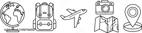 Travel icons set isolated on transparent background globe backpack plane camera and suitcase