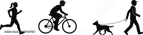 Silhouette figures of people running cycling and walking a dog isolated on transparent background