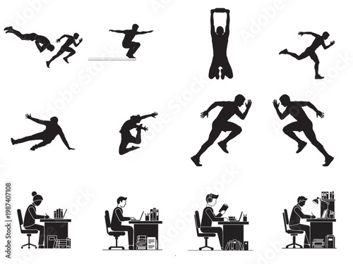 flat design vector icons of diverse professionals working and exercising in office and fitness