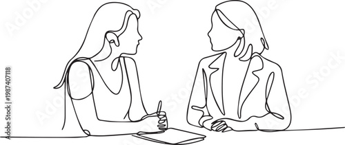Continuous line drawing of two women sitting at a table talking