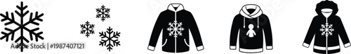 Black and white winter fashion collection sweaters hoodies and snowflake designs isolated on transparent background