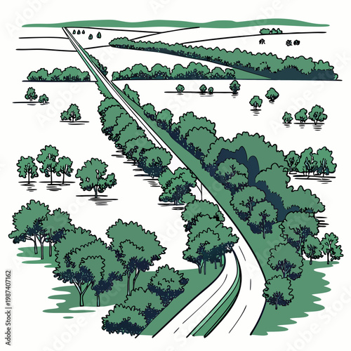 Aerial view of flooded road and trees water landscape