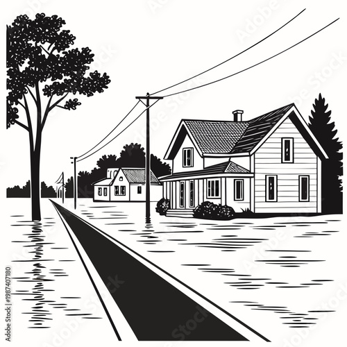 Flooded suburban street with house and trees flooded street