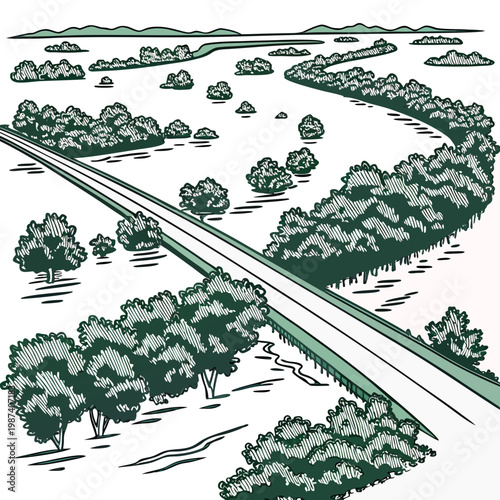 Green of flooded road and trees water landscape