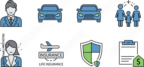 Insurance icons set people vehicles travel and protection isolated on transparent background