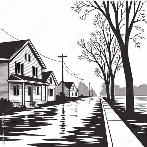 Houses and trees along flooded street water